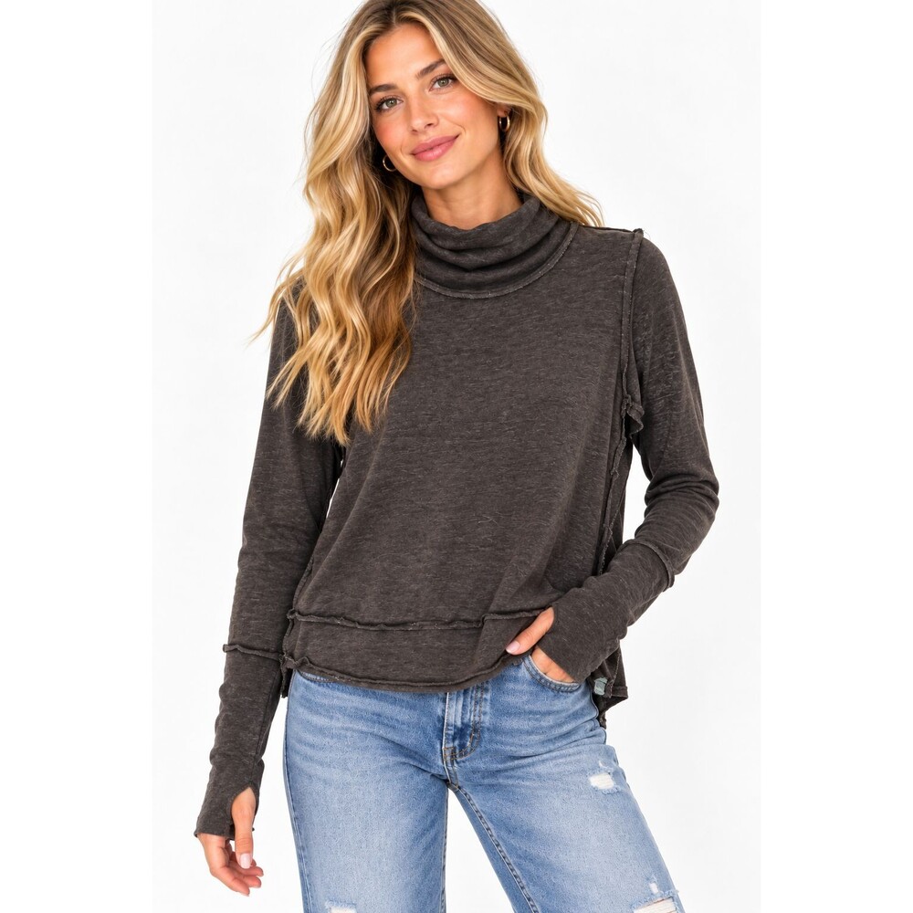 We the Free People Turtleneck Long Sleeve Brown Top Size Small Thumbholes Shirt